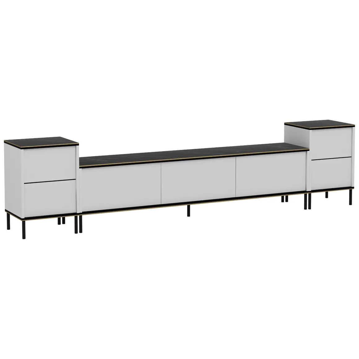 Mobile Porta tv Bianco Nero Marmo 2 Ripiani 5 Ante 180x35x45h cm, con Finiture oro - Cortin