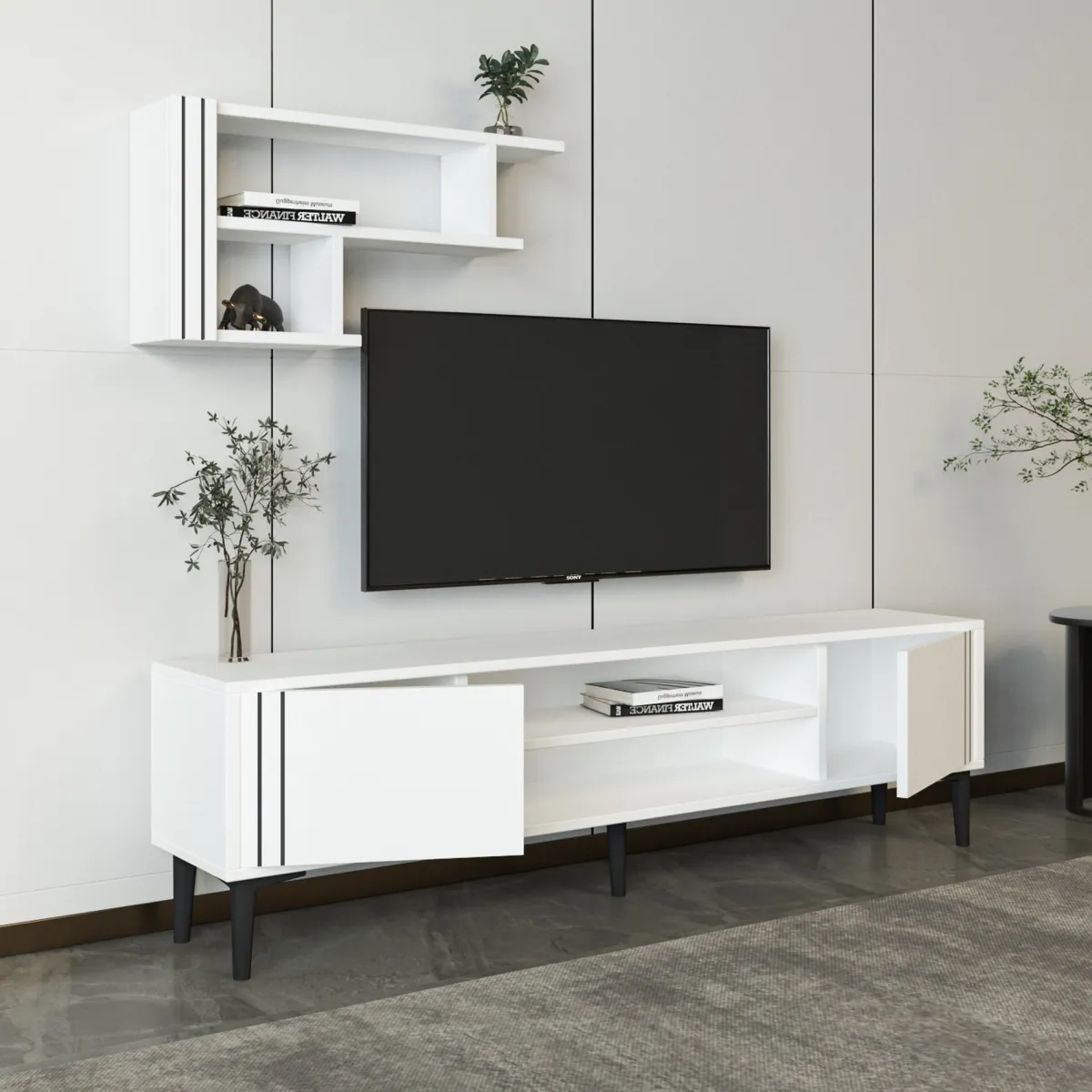 Mobili Porta Tv > Dmora Mobile Porta tv Bianco Nero 3 Ripiani 2 Ante 140x30x45h cm, con Mensola Inclusa - Tusa Nero, Bianco