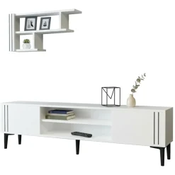 Mobili Porta Tv > Dmora Mobile Porta tv Bianco Nero 3 Ripiani 2 Ante 140x30x45h cm, con Mensola Inclusa - Tusa Nero, Bianco