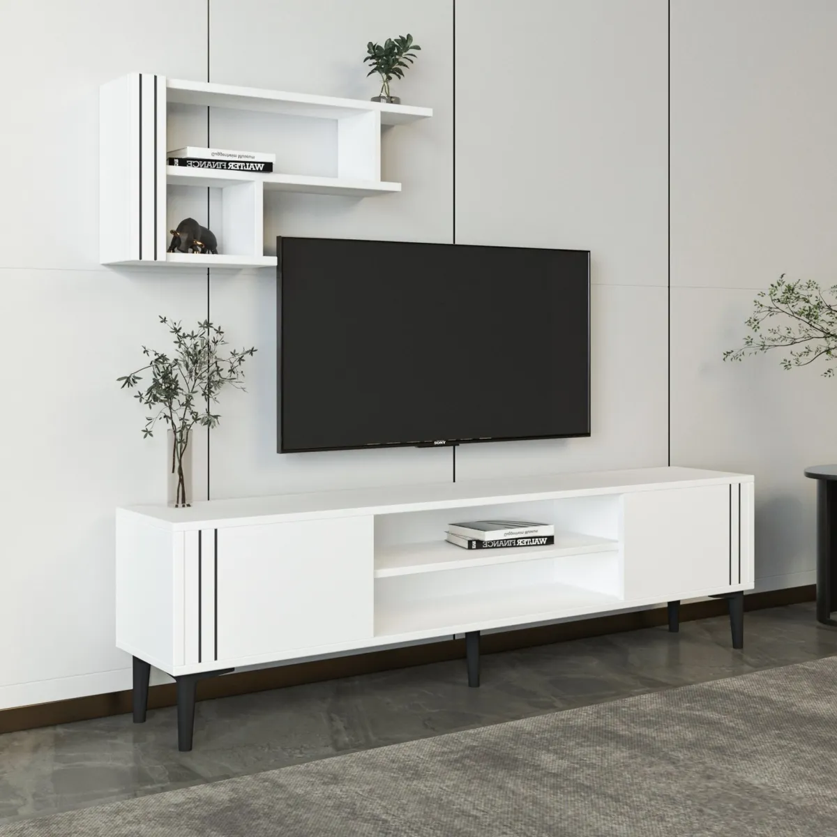 Mobili Porta Tv > Dmora Mobile Porta tv Bianco Nero 3 Ripiani 2 Ante 140x30x45h cm, con Mensola Inclusa - Tusa Nero, Bianco