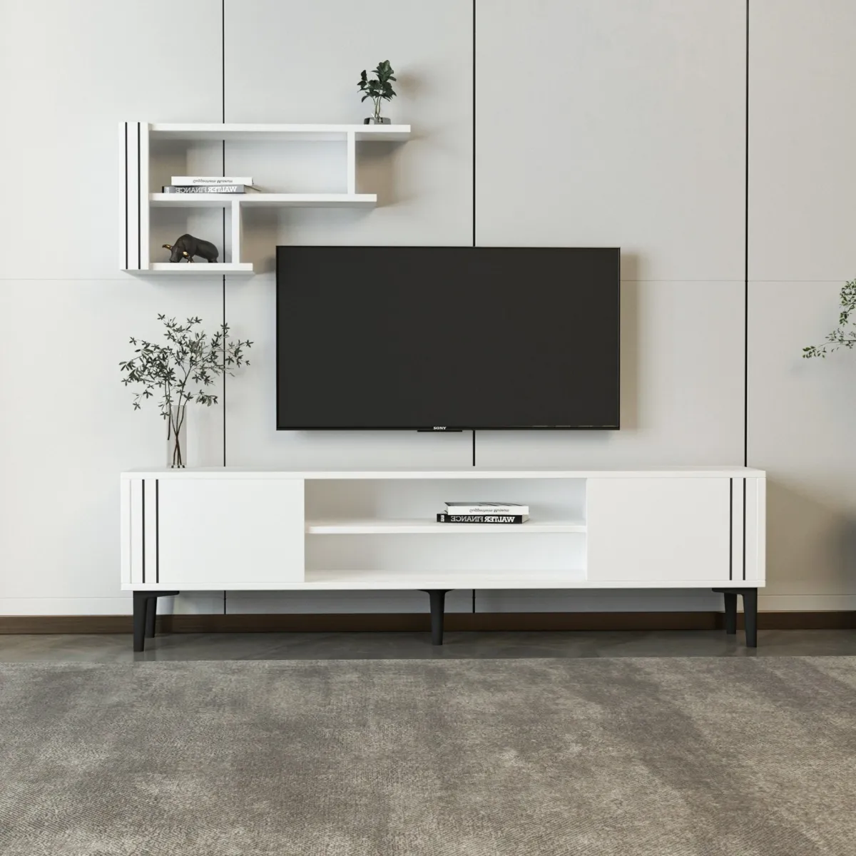 Mobili Porta Tv > Dmora Mobile Porta tv Bianco Nero 3 Ripiani 2 Ante 140x30x45h cm, con Mensola Inclusa - Tusa Nero, Bianco