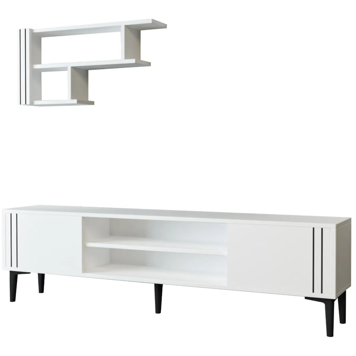 Mobili Porta Tv > Dmora Mobile Porta tv Bianco Nero 3 Ripiani 2 Ante 140x30x45h cm, con Mensola Inclusa - Tusa Nero, Bianco