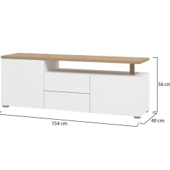 Mobile Porta tv Bianco Opaco Marrone Rovere 2 Cassetti 2 Ripiani 154x40x55.5h cm, Apertura Battente, Scorrevole - Melzo