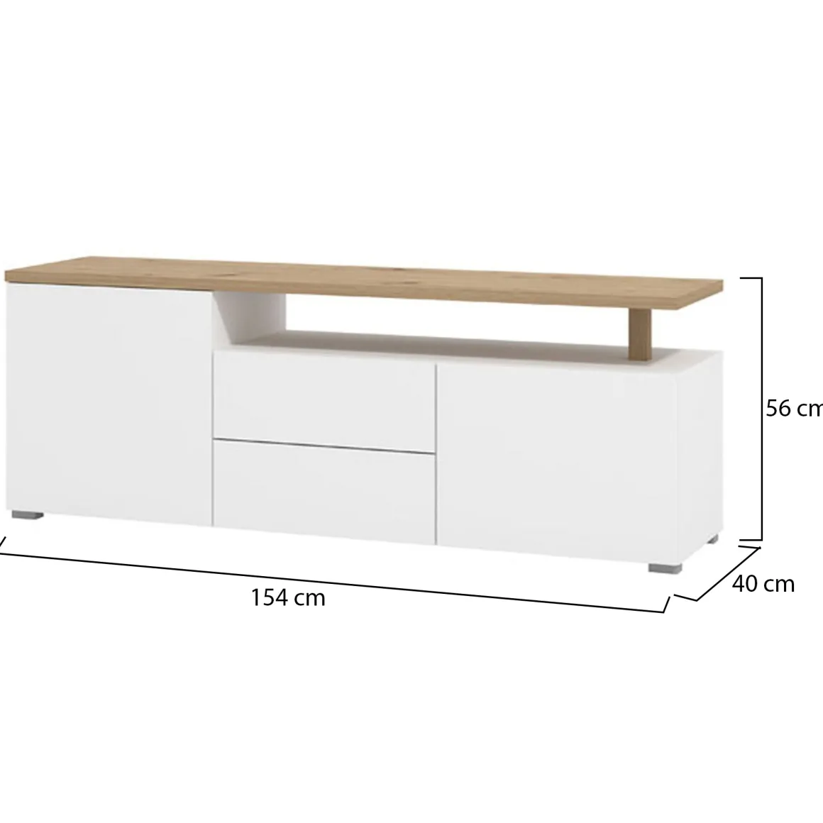 Mobile Porta tv Bianco Opaco Marrone Rovere 2 Cassetti 2 Ripiani 154x40x55.5h cm, Apertura Battente, Scorrevole - Melzo