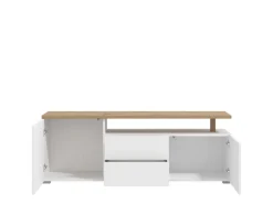 Mobile Porta tv Bianco Opaco Marrone Rovere 2 Cassetti 2 Ripiani 154x40x55.5h cm, Apertura Battente, Scorrevole - Melzo