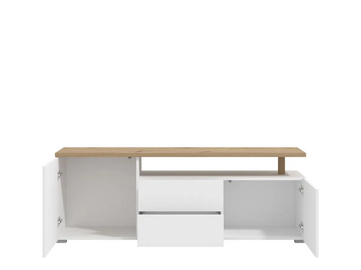 Mobile Porta tv Bianco Opaco Marrone Rovere 2 Cassetti 2 Ripiani 154x40x55.5h cm, Apertura Battente, Scorrevole - Melzo