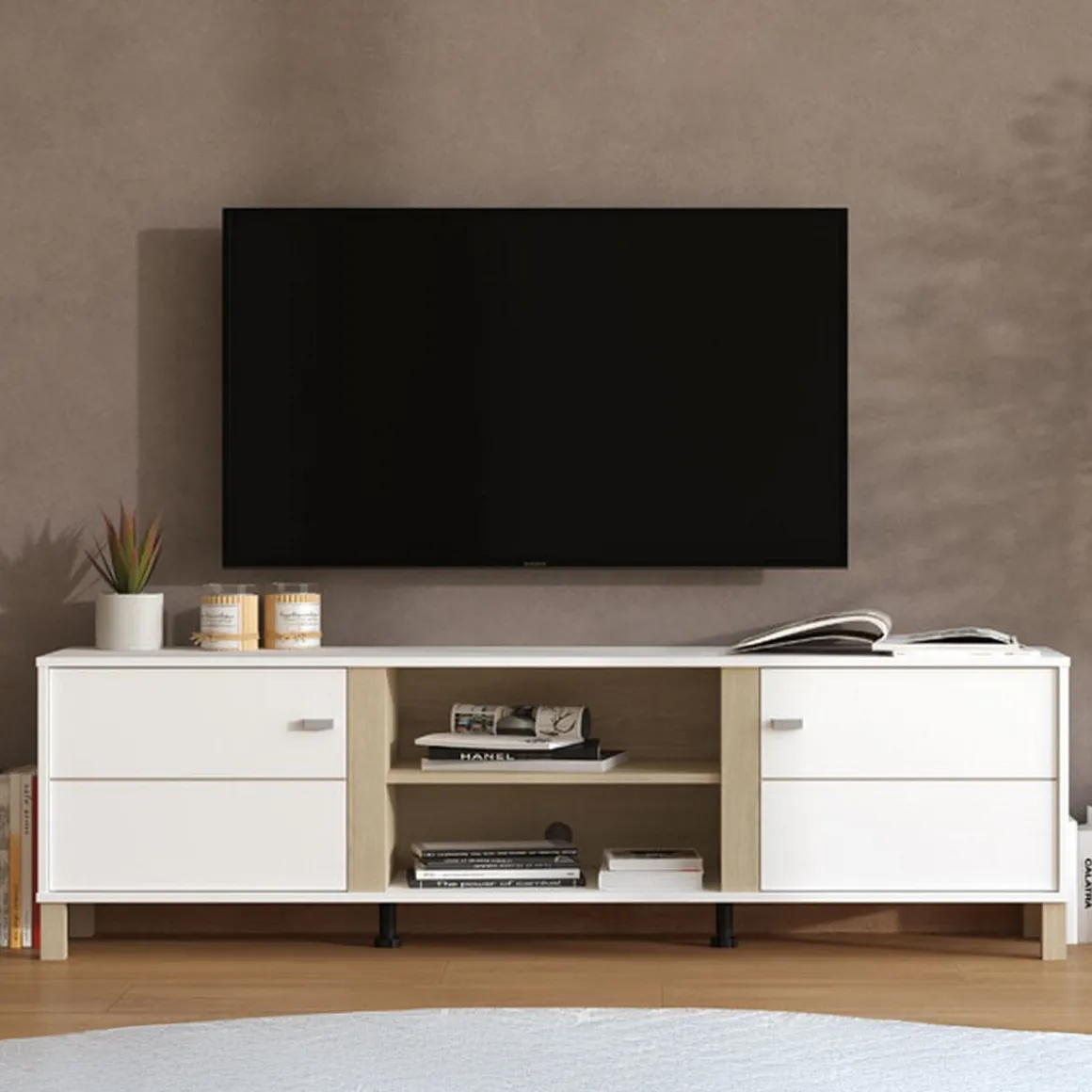 Mobili Porta Tv > Dmora Mobile Porta tv Bianco Opaco Marrone Rovere 3 Cassetti 4 Ripiani 143x40x54h cm, con Piedini - Tiarno Marrone Rovere, Bianco Opaco