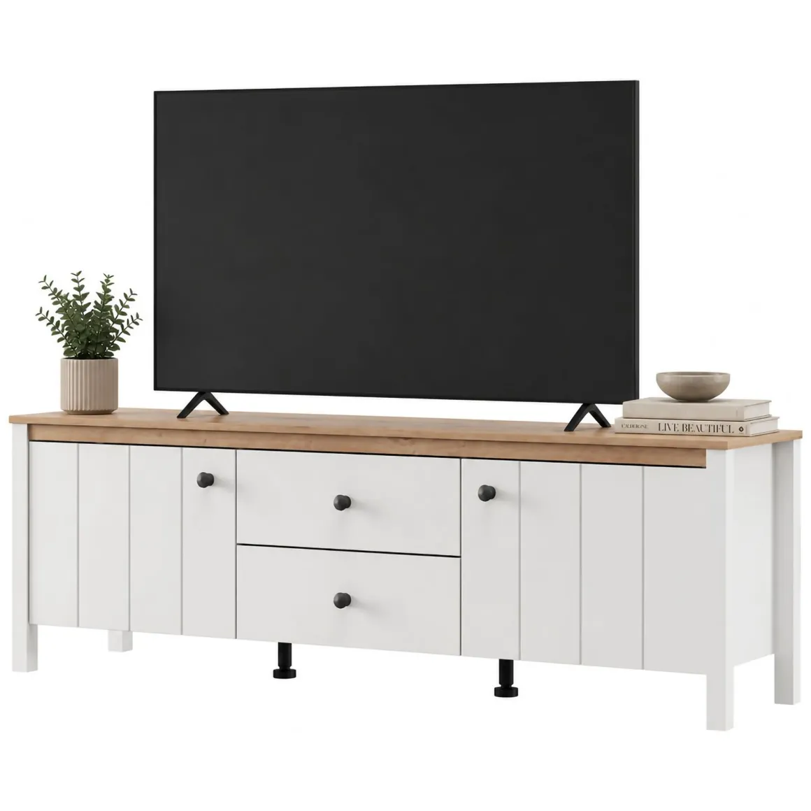 Mobile Porta tv Bianco Opaco Marrone Rovere un Cassetto un Ripiano 163x40x53h cm, 2 Ante - Zavatt