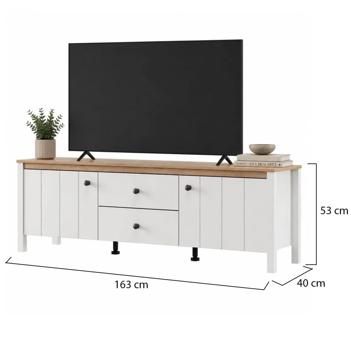 Mobile Porta tv Bianco Opaco Marrone Rovere un Cassetto un Ripiano 163x40x53h cm, 2 Ante - Zavatt