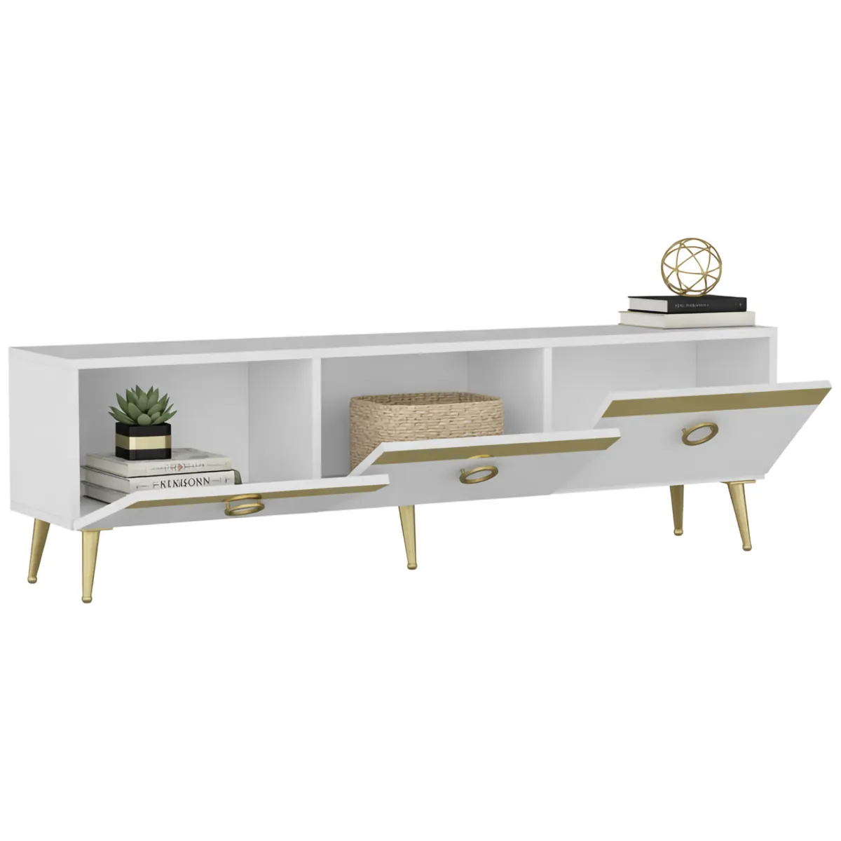 Mobili Porta Tv > Dmora Mobile Porta tv Bianco oro 3 Ante 3 Vani 150x30x45h cm, Apertura a Ribalta - Fiore Oro, Bianco