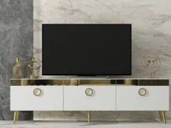 Mobili Porta Tv > Dmora Mobile Porta tv Bianco oro 3 Ante 3 Vani 150x30x45h cm, Apertura a Ribalta - Fiore Oro, Bianco