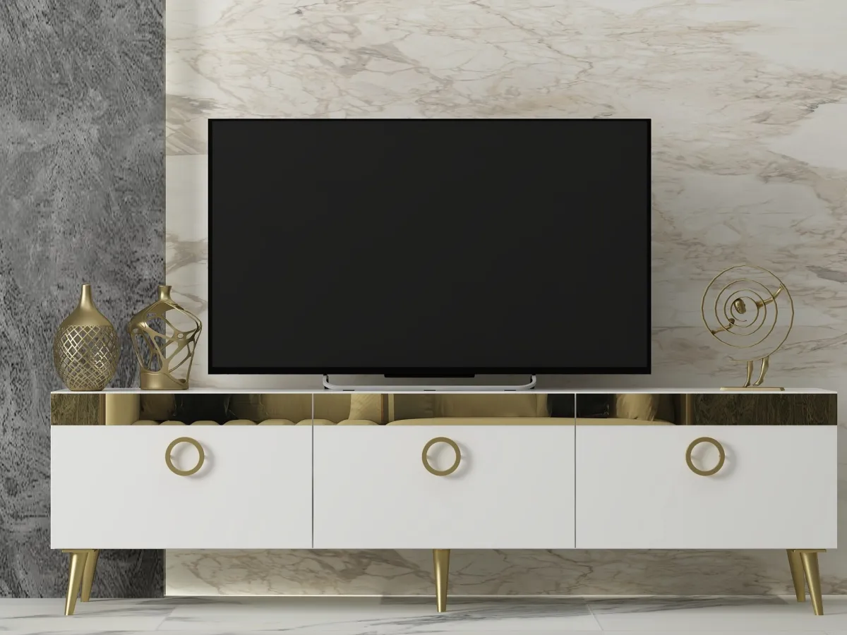 Mobili Porta Tv > Dmora Mobile Porta tv Bianco oro 3 Ante 3 Vani 150x30x45h cm, Apertura a Ribalta - Fiore Oro, Bianco