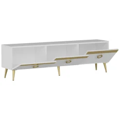 Mobili Porta Tv > Dmora Mobile Porta tv Bianco oro 3 Ante 3 Vani 150x30x45h cm, Apertura a Ribalta - Fiore Oro, Bianco