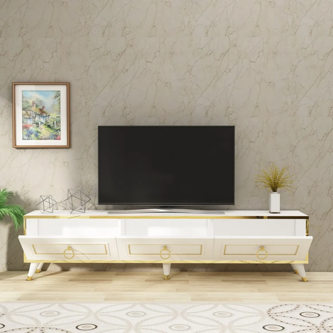 Mobile Porta tv Bianco oro 3 Ante 3 Vani 180x30x45h cm, Apertura a Ribalta - Liberi