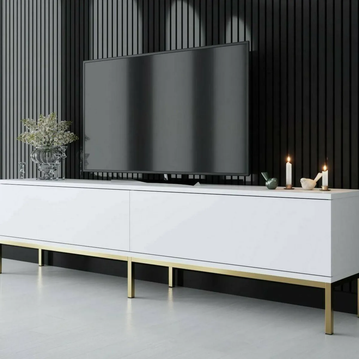 Mobili Porta Tv|Salotto > Dmora Mobile Porta tv Bianco oro Cassetti un Ripiano 180x30x47h cm, 2 Ante - Espero Oro, Bianco