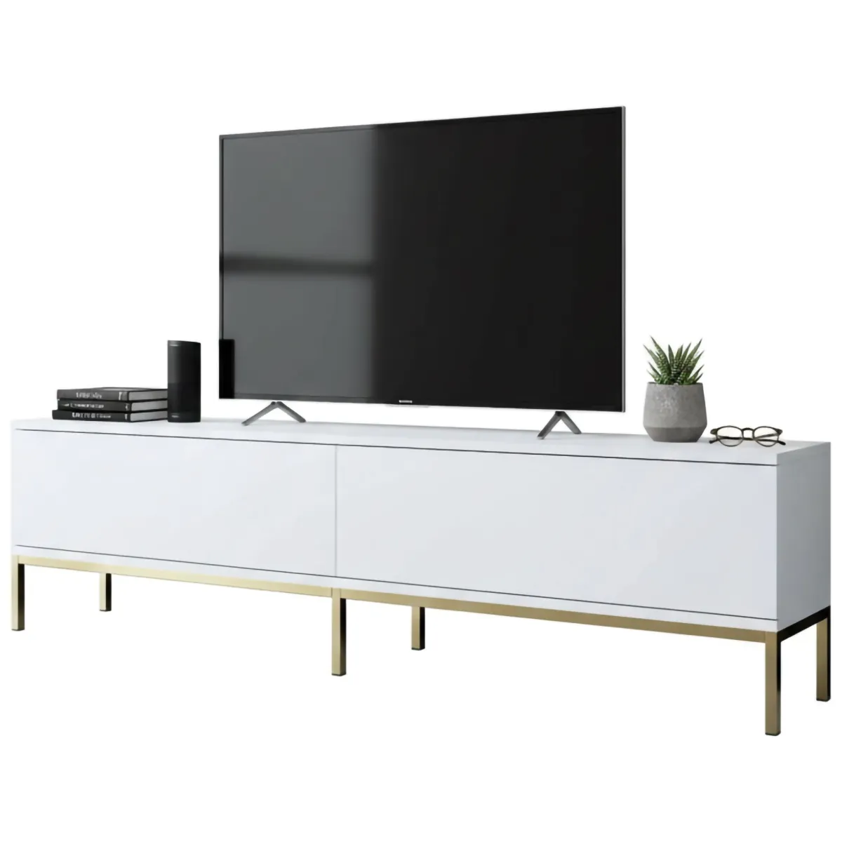 Mobili Porta Tv|Salotto > Dmora Mobile Porta tv Bianco oro Cassetti un Ripiano 180x30x47h cm, 2 Ante - Espero Oro, Bianco