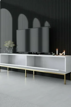 Mobili Porta Tv|Salotto > Dmora Mobile Porta tv Bianco oro Cassetti un Ripiano 180x30x47h cm, 2 Ante - Espero Oro, Bianco