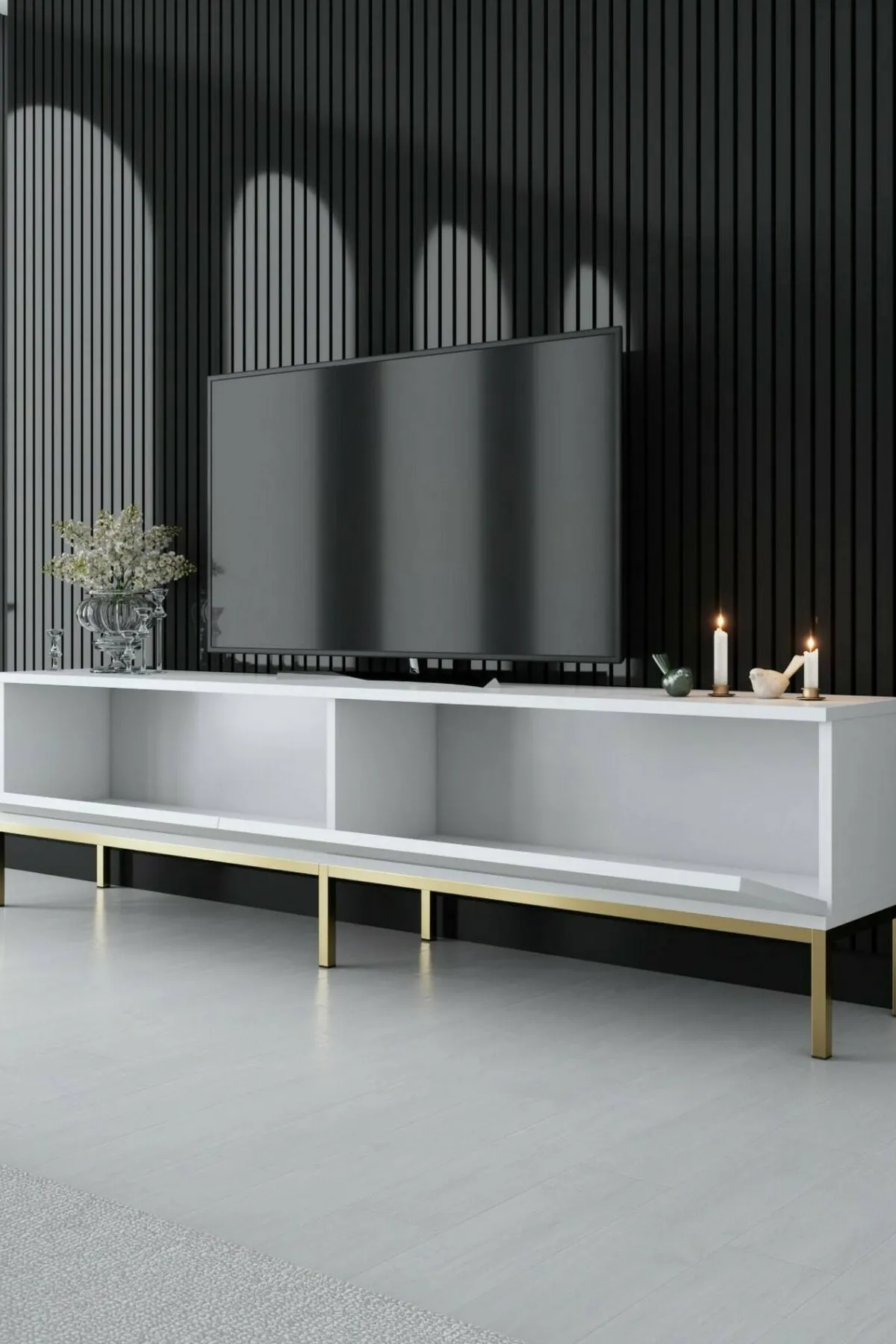 Mobili Porta Tv|Salotto > Dmora Mobile Porta tv Bianco oro Cassetti un Ripiano 180x30x47h cm, 2 Ante - Espero Oro, Bianco