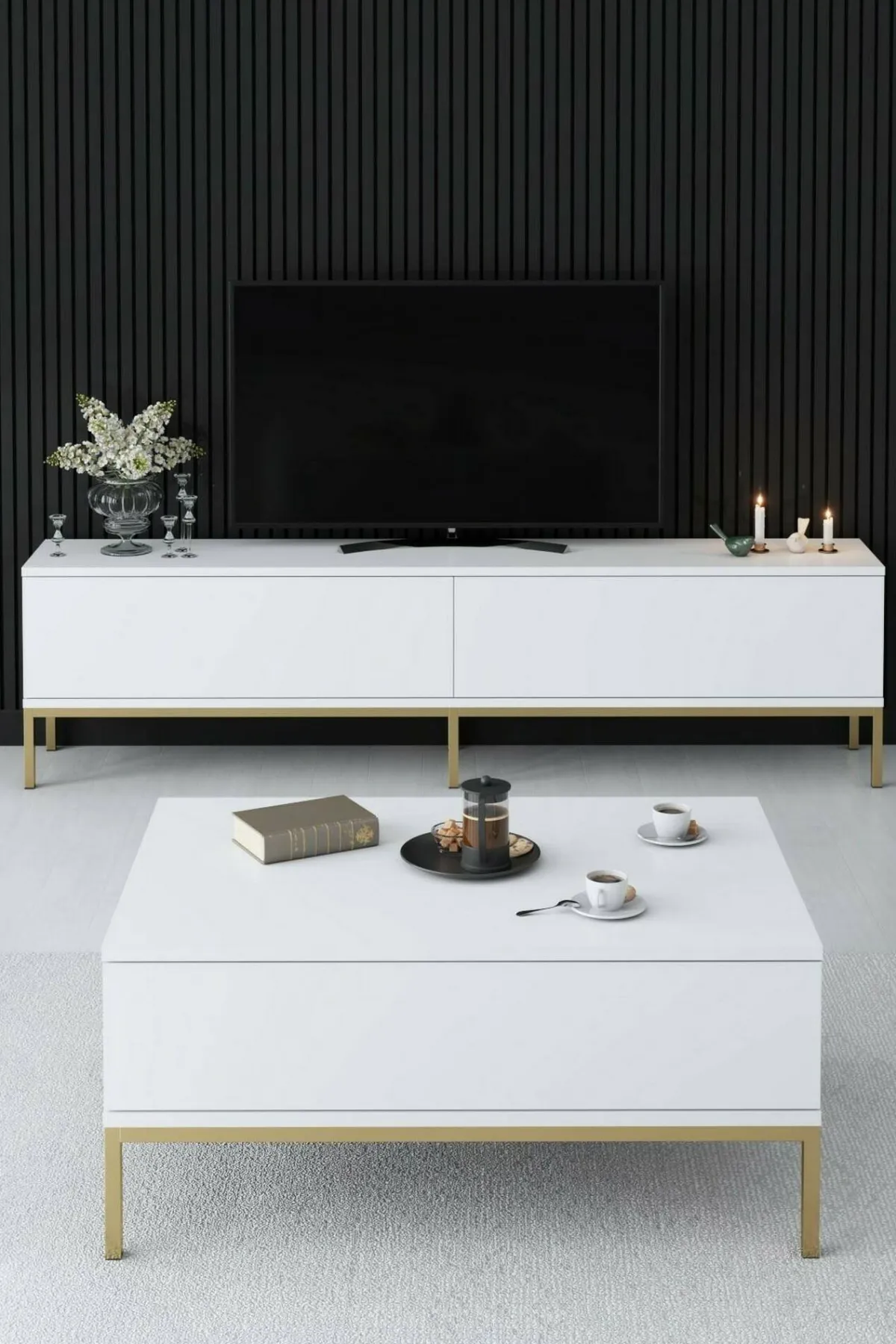 Mobili Porta Tv|Salotto > Dmora Mobile Porta tv Bianco oro Cassetti un Ripiano 180x30x47h cm, 2 Ante - Espero Oro, Bianco