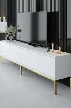 Mobili Porta Tv|Salotto > Dmora Mobile Porta tv Bianco oro Cassetti un Ripiano 180x30x47h cm, 2 Ante - Espero Oro, Bianco