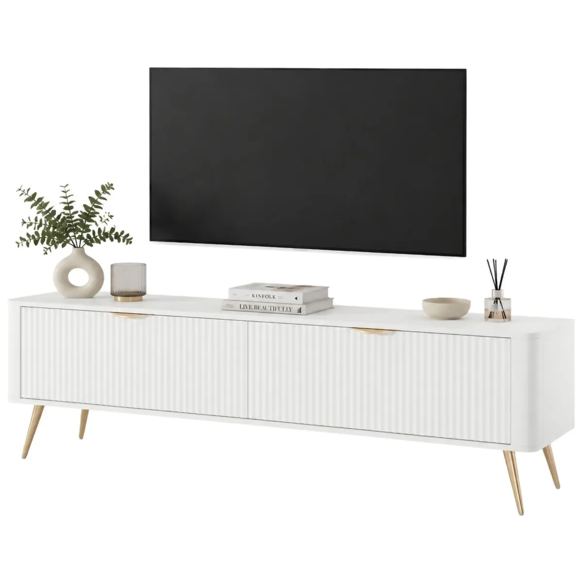 Mobili Porta Tv > Dmora Mobile Porta tv Bianco oro 2 Ripiani 2 Ante 163x38x51h cm, Ante Effetto Rigato con Piedini - Kalase Oro, Bianco