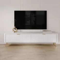 Mobile Porta tv Bianco oro 2 Ripiani 2 Ante 200x38x51h cm, Ante Effetto Rigato con Piedini - Kala
