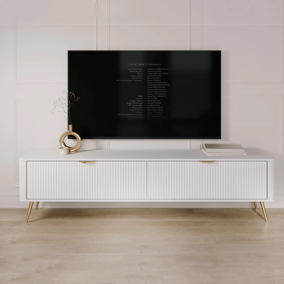Mobile Porta tv Bianco oro 2 Ripiani 2 Ante 200x38x51h cm, Ante Effetto Rigato con Piedini - Kala