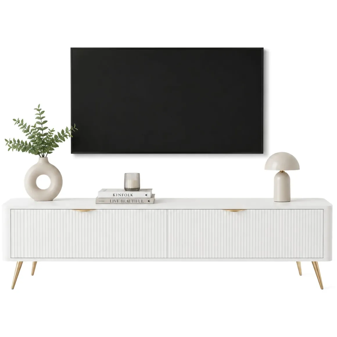 Mobile Porta tv Bianco oro 2 Ripiani 2 Ante 200x38x51h cm, Ante Effetto Rigato con Piedini - Kala