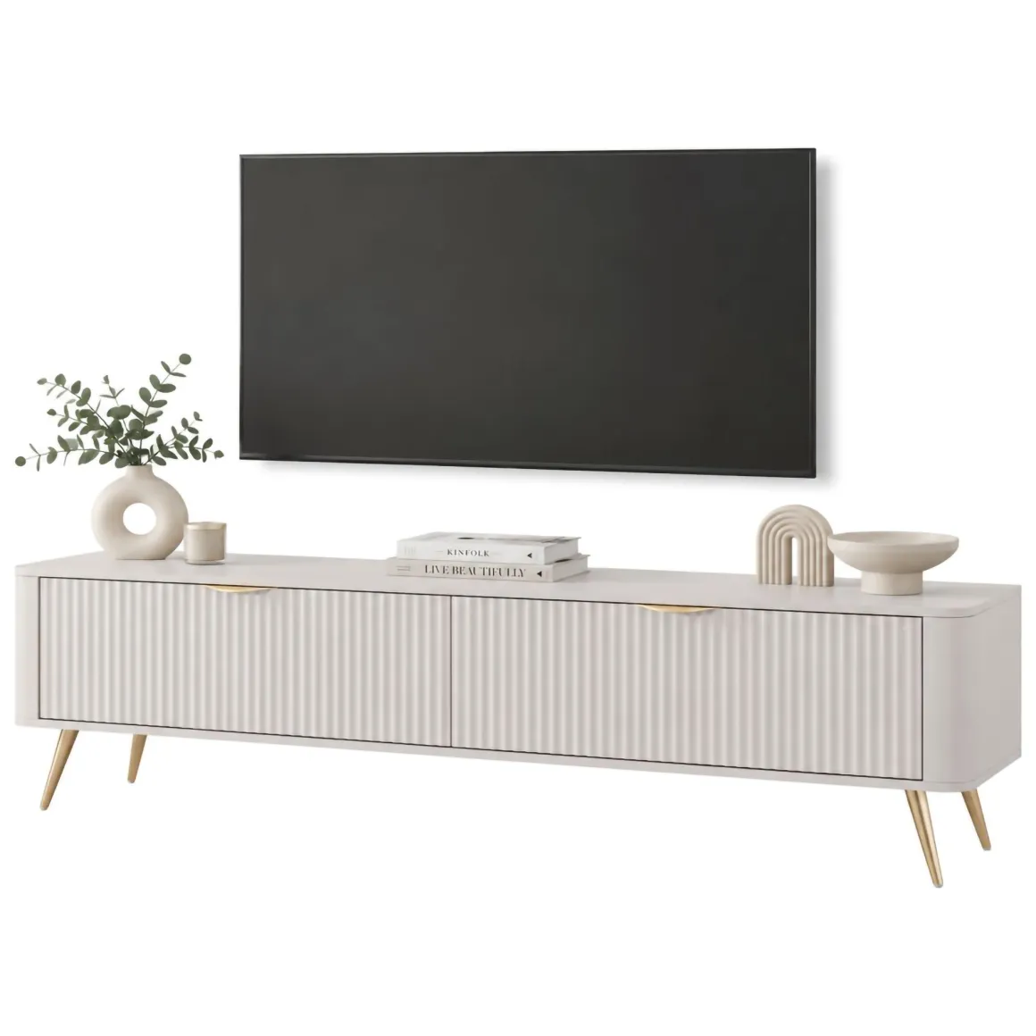 Mobile Porta tv Bianco oro un Ripiano 2 Ante 163x38x51h cm, Ante Effetto Rigato con Piedini - Kalase