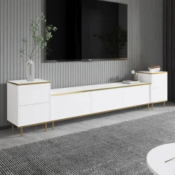 Mobile Porta tv Bianco 2 Ripiani 5 Ante 180x35x45h cm, con Finiture oro - Cortin
