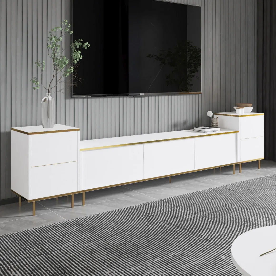 Mobile Porta tv Bianco 2 Ripiani 5 Ante 180x35x45h cm, con Finiture oro - Cortin