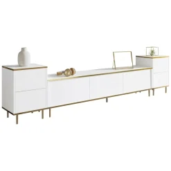Mobile Porta tv Bianco 2 Ripiani 5 Ante 180x35x45h cm, con Finiture oro - Cortin