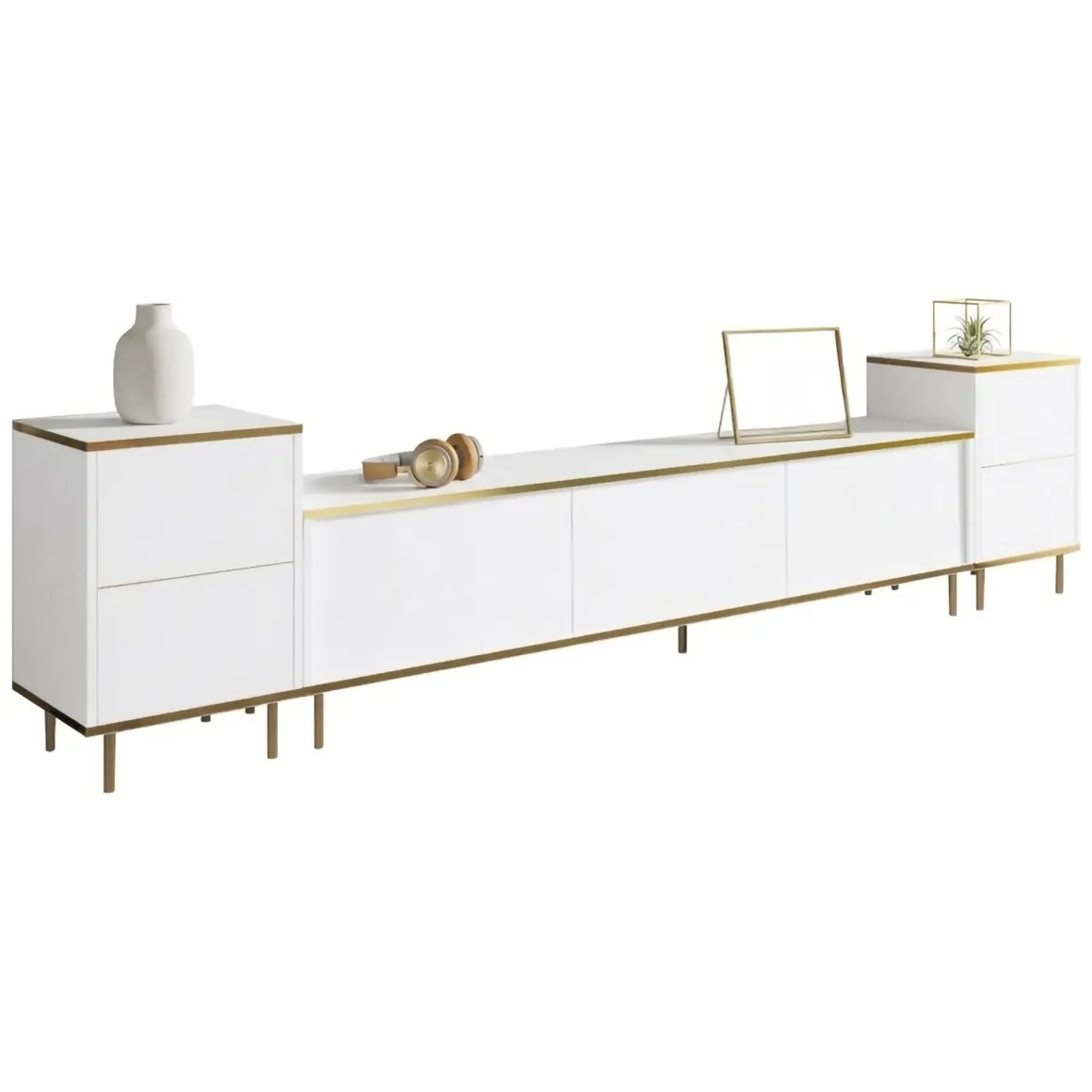 Mobile Porta tv Bianco 2 Ripiani 5 Ante 180x35x45h cm, con Finiture oro - Cortin