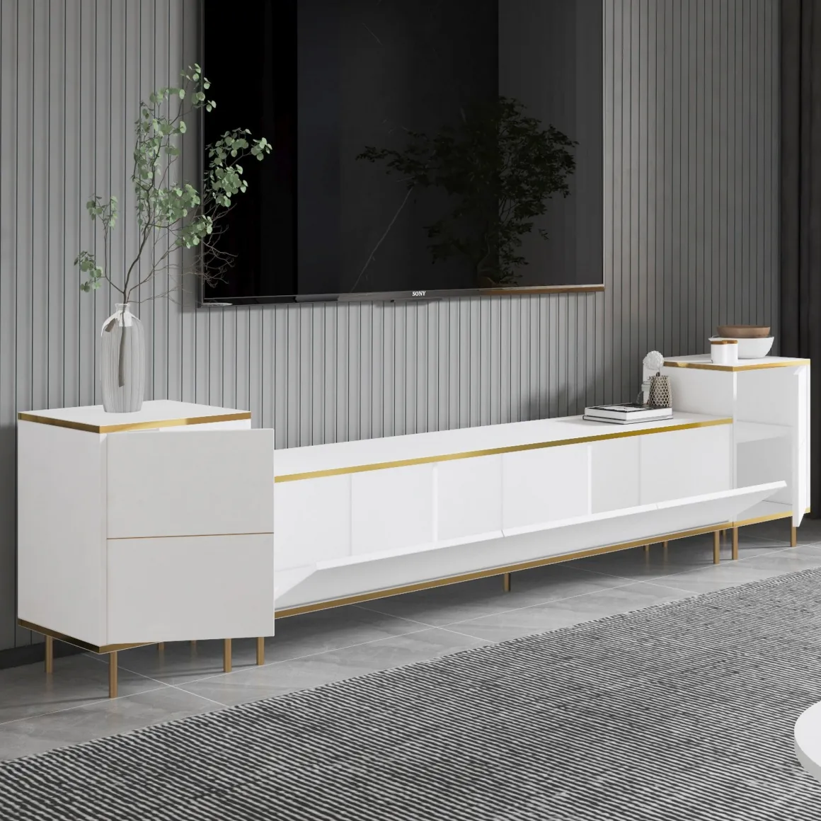 Mobile Porta tv Bianco 2 Ripiani 5 Ante 180x35x45h cm, con Finiture oro - Cortin