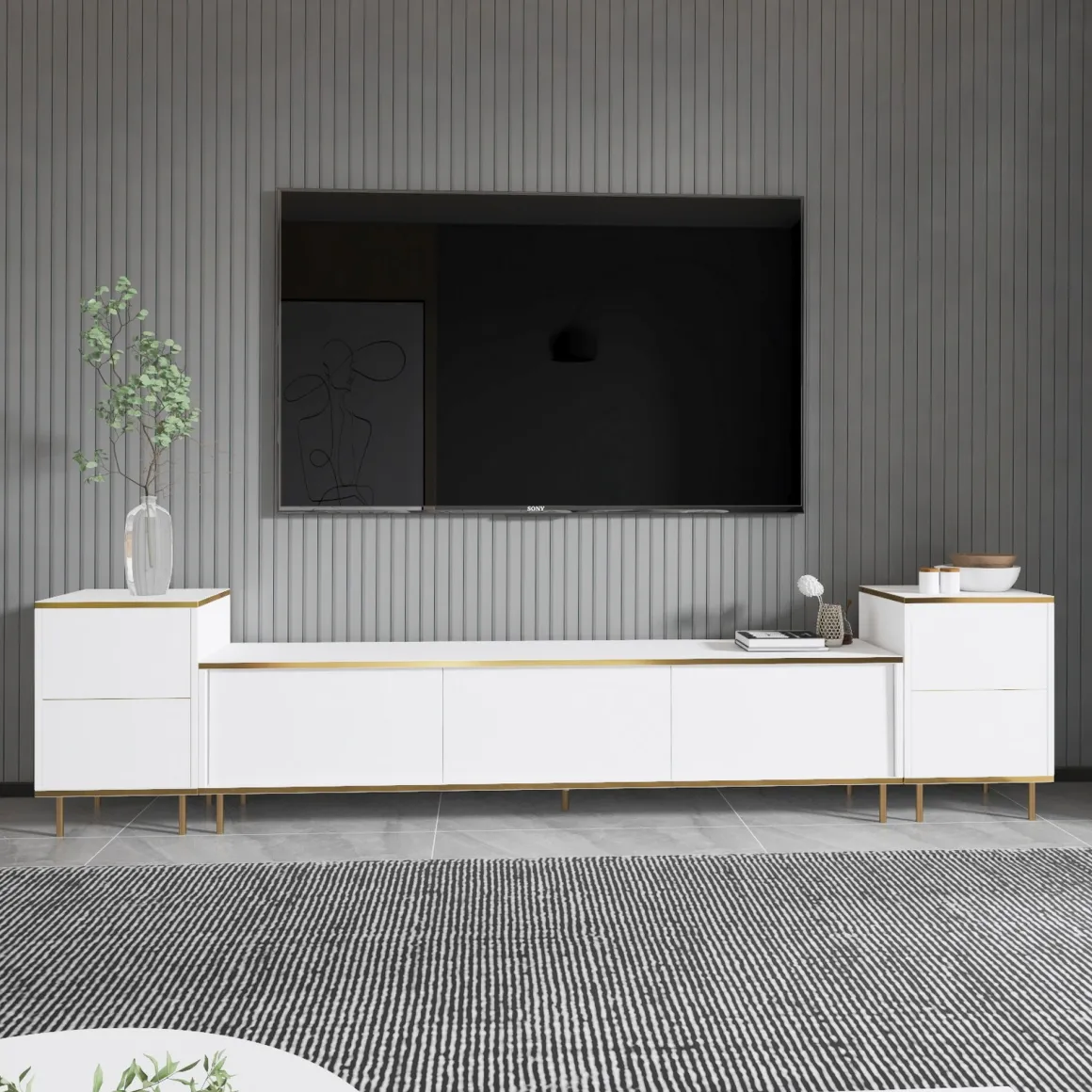 Mobile Porta tv Bianco 2 Ripiani 5 Ante 180x35x45h cm, con Finiture oro - Cortin