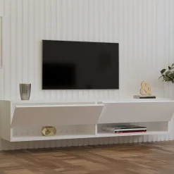 Mobile Porta tv Bianco 2 Ripiani Apertura a Ribalta 141x30x31h cm, 2 Ante - Olmi