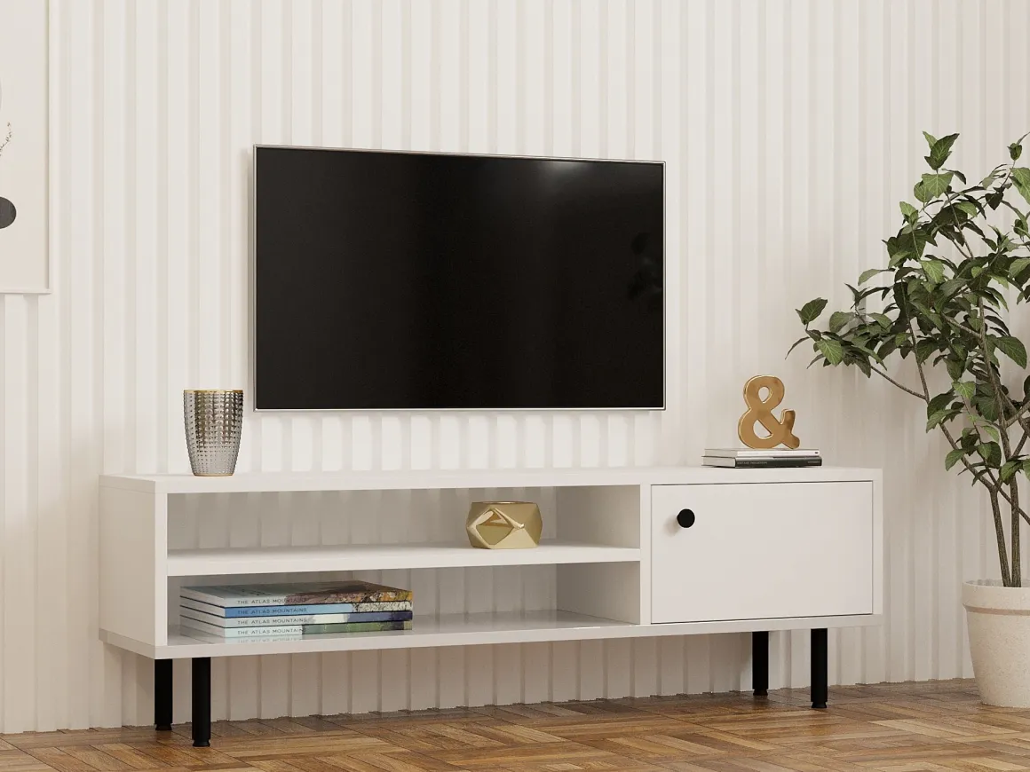 Mobile Porta tv Bianco un Ripiano Apertura Battente 120x30x38h cm, Un'anta - Metomaha
