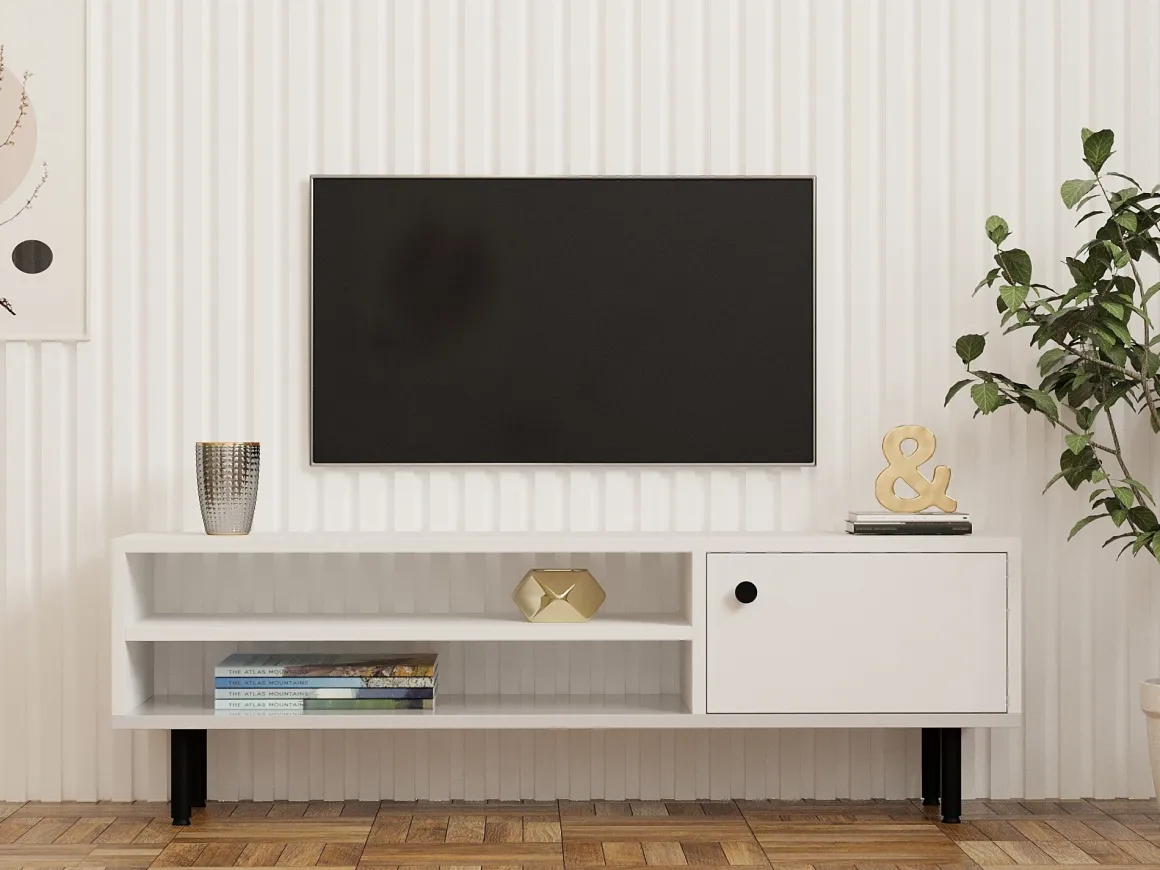 Mobile Porta tv Bianco un Ripiano Apertura Battente 120x30x38h cm, Un'anta - Metomaha