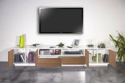Salotto > Dmora Mobile porta TV Dleott, cm 260x41h46, Bianco lucido e Noce