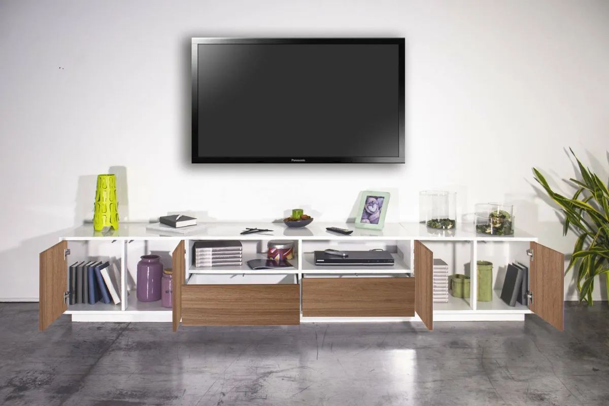 Salotto > Dmora Mobile porta TV Dleott, cm 260x41h46, Bianco lucido e Noce