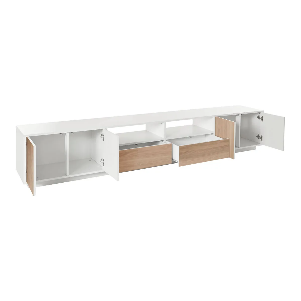 Salotto > Dmora Mobile porta TV Dleott, cm 260x41h46, Bianco lucido e Noce