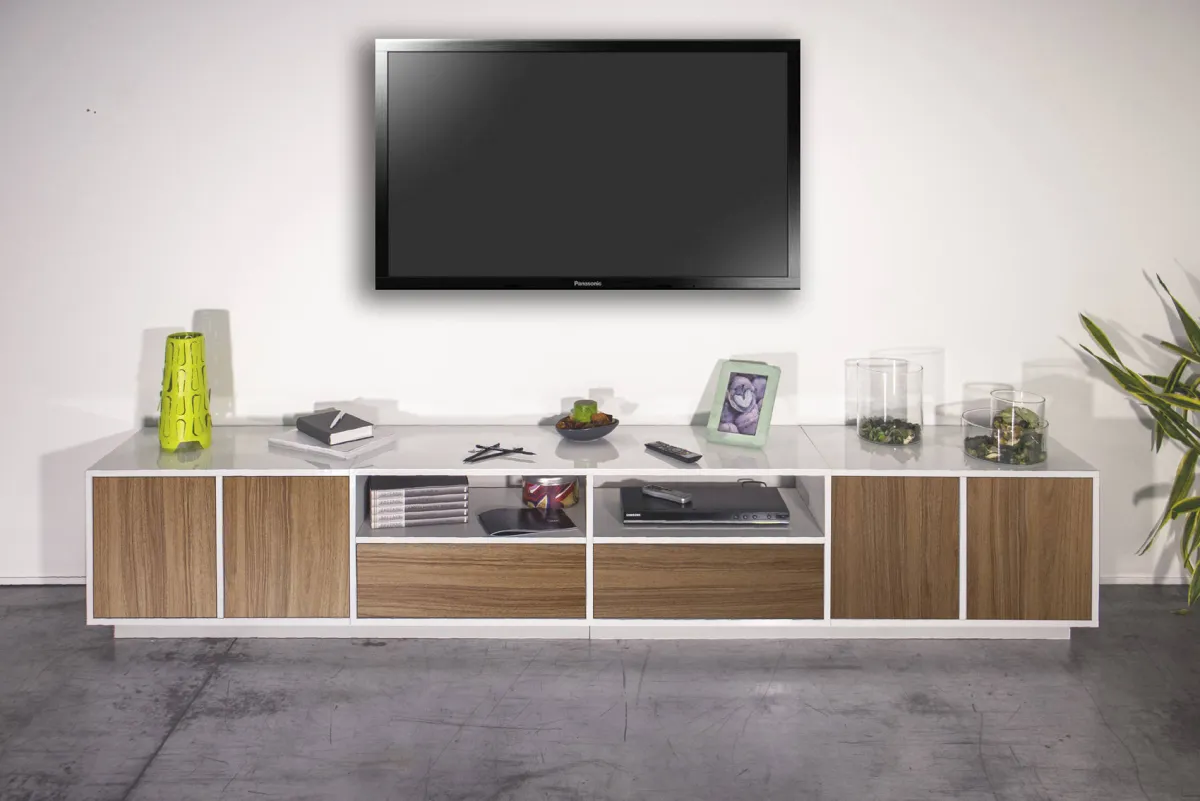 Salotto > Dmora Mobile porta TV Dleott, cm 260x41h46, Bianco lucido e Noce