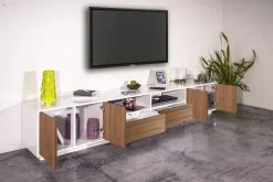 Salotto > Dmora Mobile porta TV Dleott, cm 260x41h46, Bianco lucido e Noce
