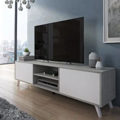 Mobile Porta tv Grigio Cemento Bianco Cassetti un Ripiano 180x40x49h cm, 2 Ante - Misinto