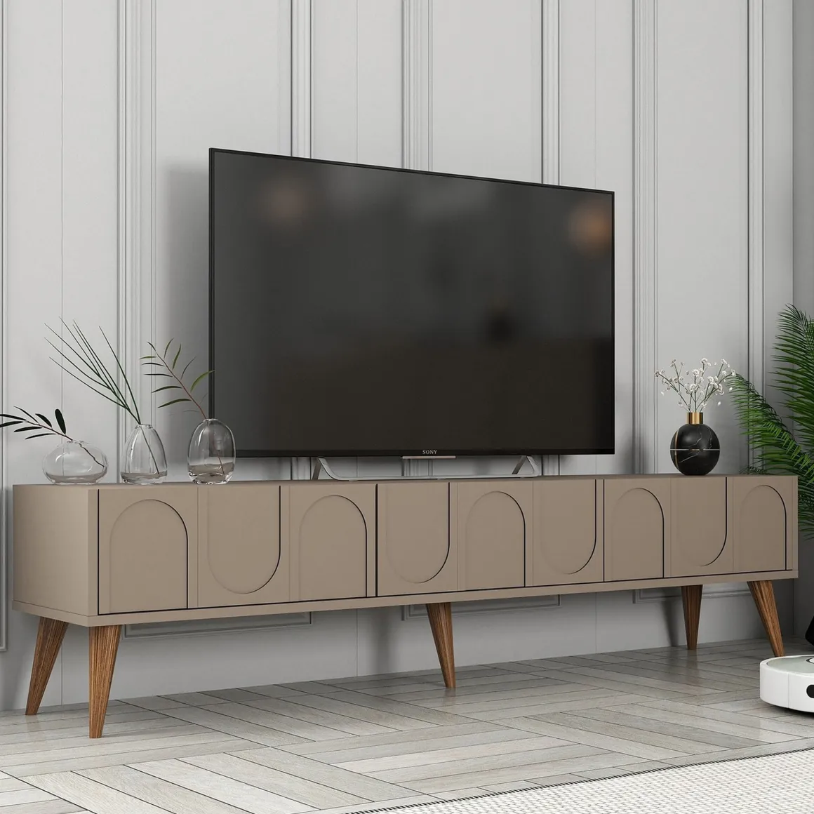 Mobili Porta Tv > Dmora Mobile Porta tv Grigio Tortora Nero 3 Ante Apertura a Ribalta 180x35x42h cm, 3 Vani - Scafa Nero, Grigio Tortora