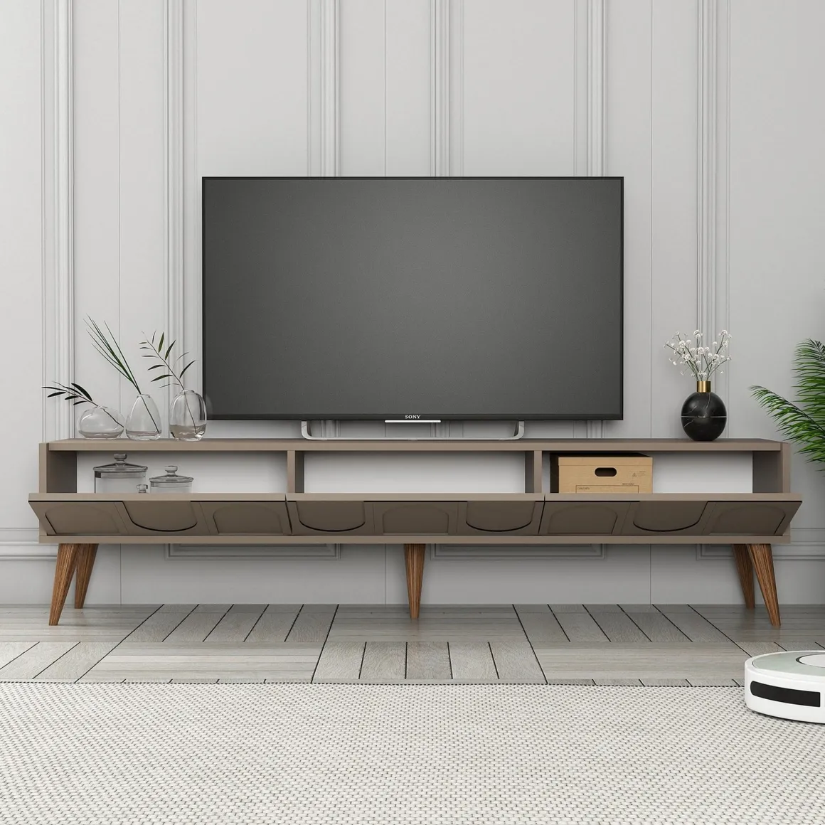Mobili Porta Tv > Dmora Mobile Porta tv Grigio Tortora Nero 3 Ante Apertura a Ribalta 180x35x42h cm, 3 Vani - Scafa Nero, Grigio Tortora