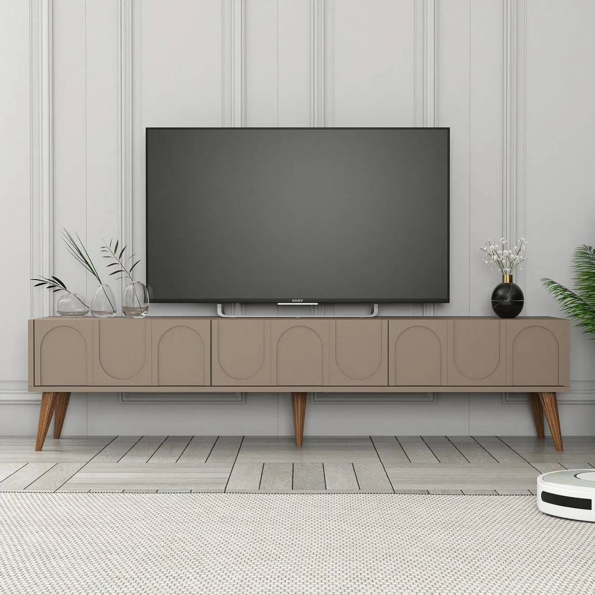Mobili Porta Tv > Dmora Mobile Porta tv Grigio Tortora Nero 3 Ante Apertura a Ribalta 180x35x42h cm, 3 Vani - Scafa Nero, Grigio Tortora