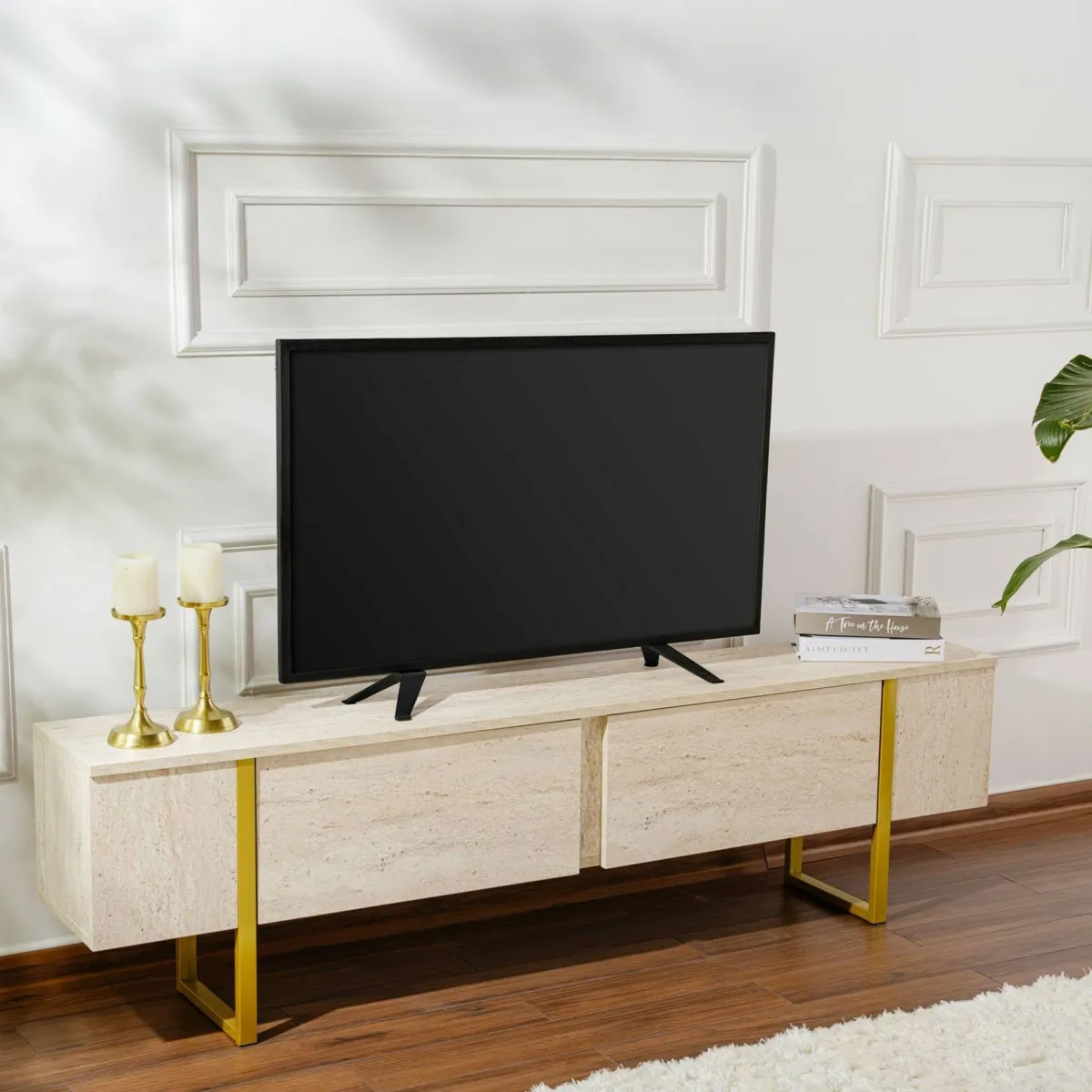 Mobili Porta Tv > Dmora Mobile porta TV Lilith, 180x30 h50 cm, Beige e Oro Oro, Beige