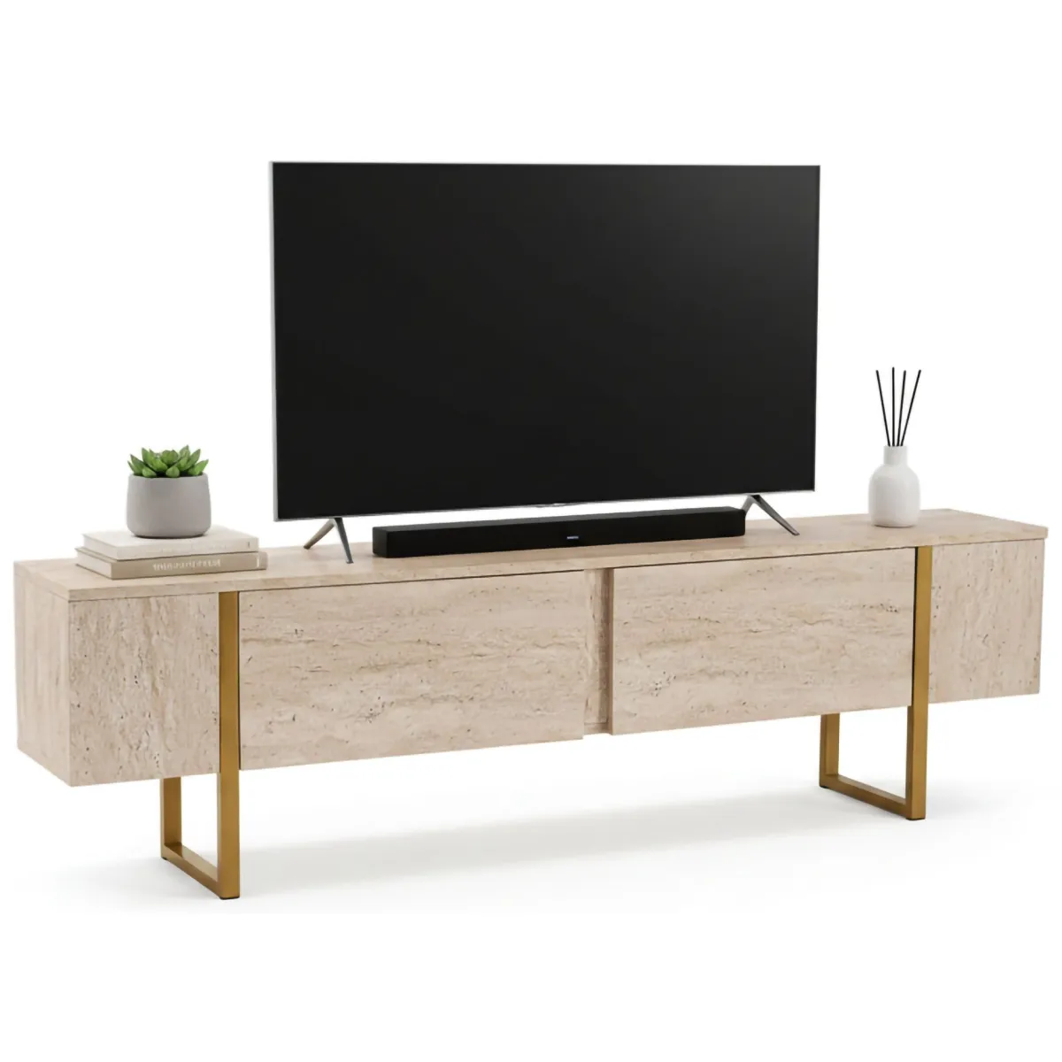 Mobili Porta Tv > Dmora Mobile porta TV Lilith, 180x30 h50 cm, Beige e Oro Oro, Beige