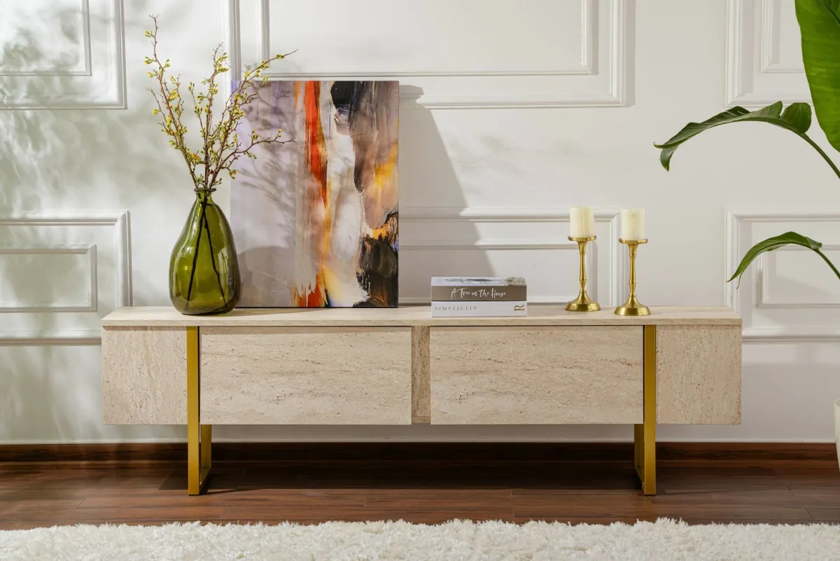 Mobili Porta Tv > Dmora Mobile porta TV Lilith, 180x30 h50 cm, Beige e Oro Oro, Beige